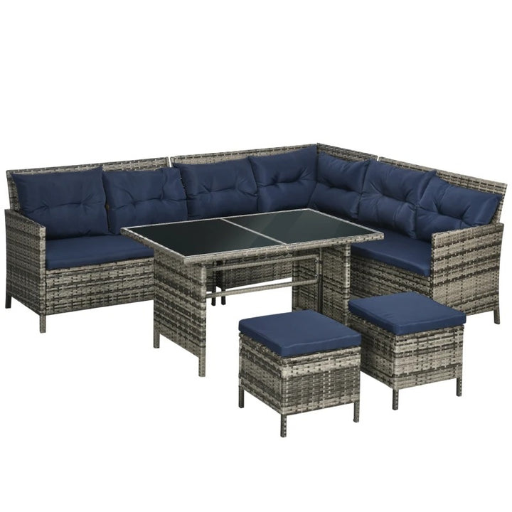 6pc L-Shape PE Rattan Wicker Outdoor Patio Dining Table Set, Cushions Ottomans, Grey, Navy Blue