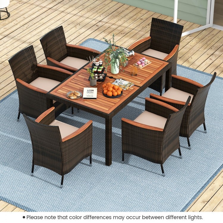 7pc PE Rattan Wicker Dining Set w 6 Armchairs, Acacia Wood Top, Umbrella Hole, Outdoor Patio, Brown