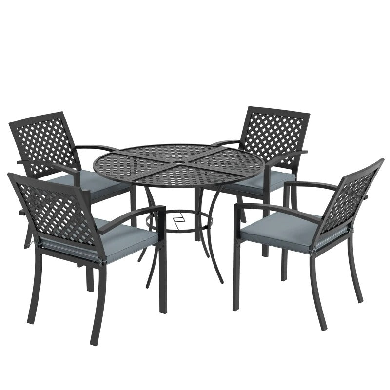 5pc Steel Round Dining Table Outdoor Patio Set w 4 Stacking Armchairs, Cushions - Black, Grey