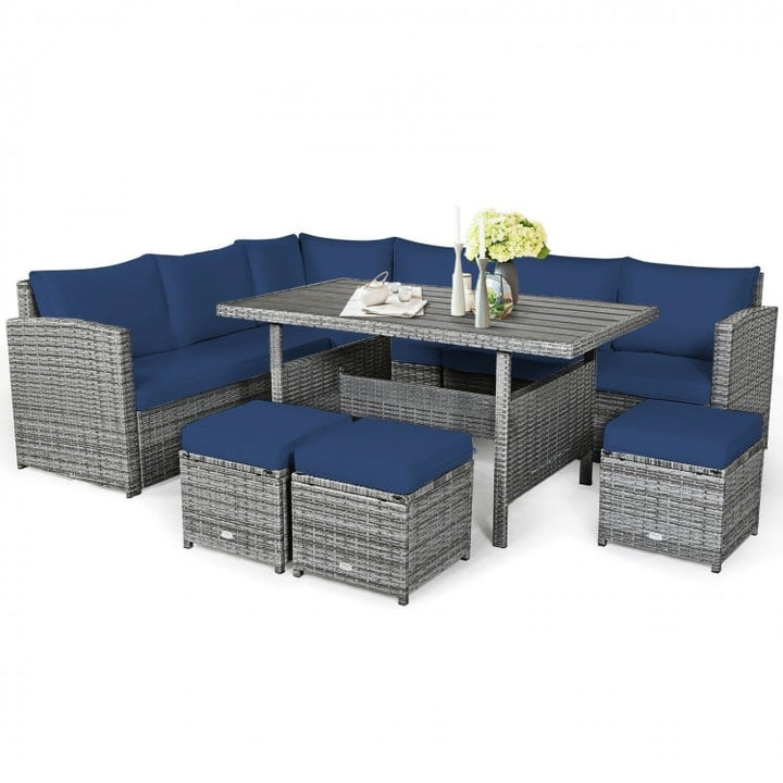 7pc L-Shape Rattan Wicker Dining Set Outdoor Patio Sectional w Table Cushions Ottomans, Navy Blue