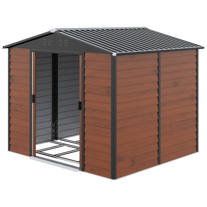 8’ x 7’ x 6.5’ Outdoor Metal Storage Shed Tool Organizer for Patio Yard, Teak Woodgrain Brown