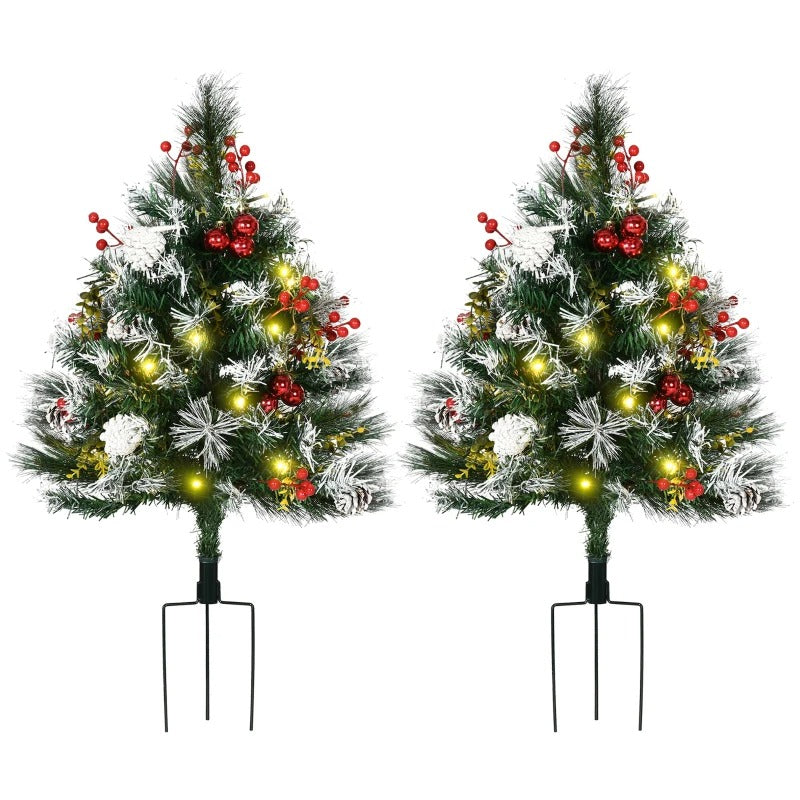 2pc 2ft Pre-lit Artificial Christmas Holiday Mini Outdoor Tree w Snow, Pinecones, Berries - Green