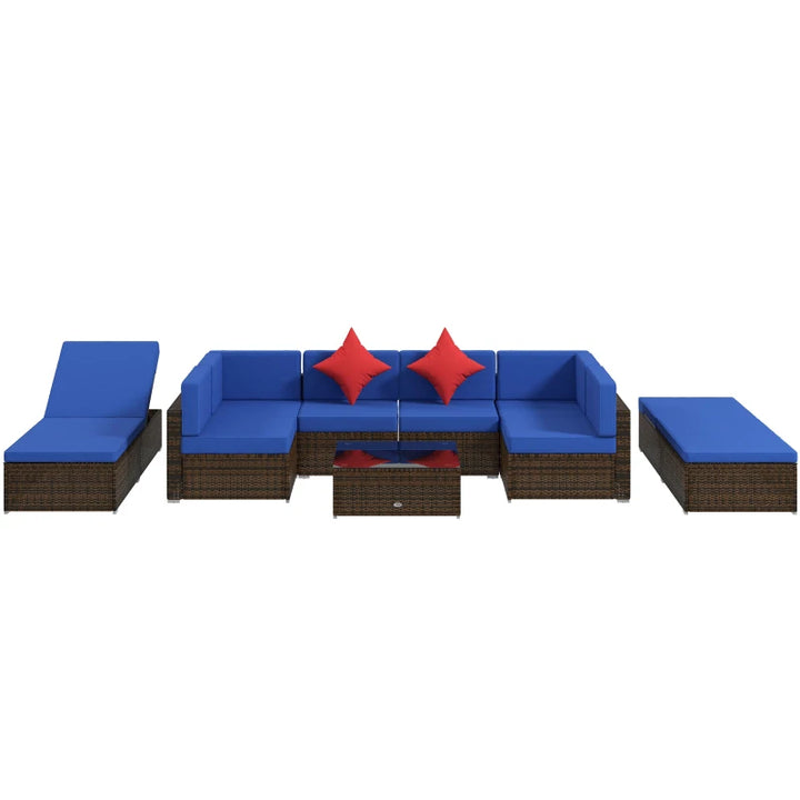 9pc Premium PE Rattan Wicker Sectional Conversation Outdoor Patio Set w 2 Loungers, Brown, Blue