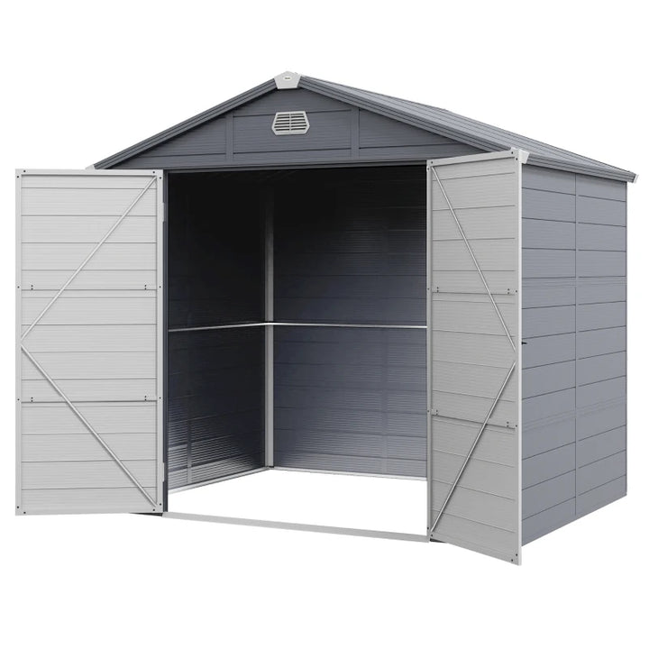 8' x 6' Resin PP Plastic Aluminum Outdoor Tool Storage Shed w Swing Doors, Patio Garden, Grey