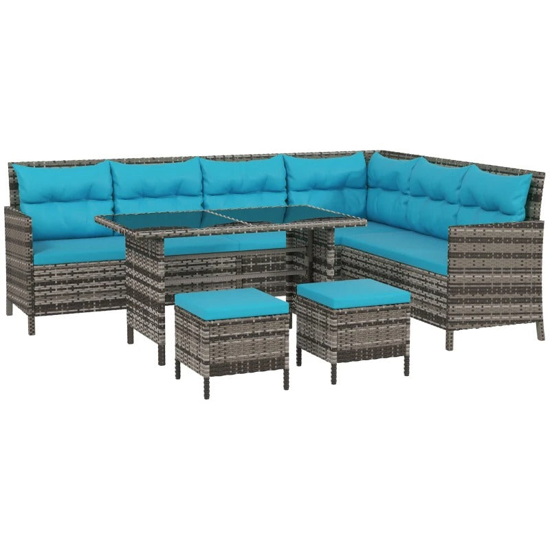 6pc L-Shape PE Rattan Wicker Outdoor Dining Patio Furniture Set w Cushion, Mixed Grey, Sky Blue