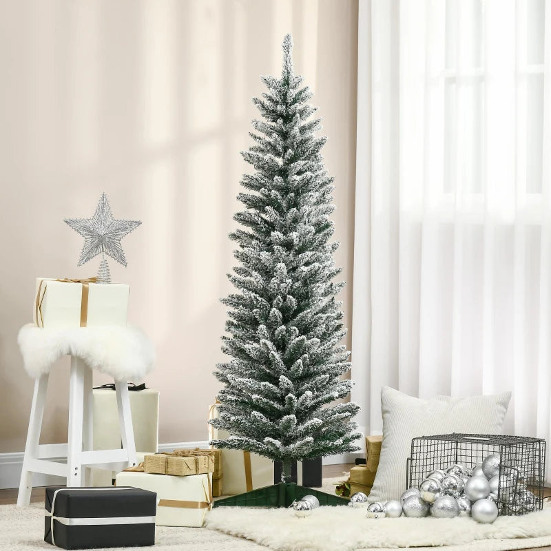 NEW 5ft 294-Tip Unlit Snow Flocked Slim Pencil Artificial Christmas Holiday Fake Xmas Tree, Green