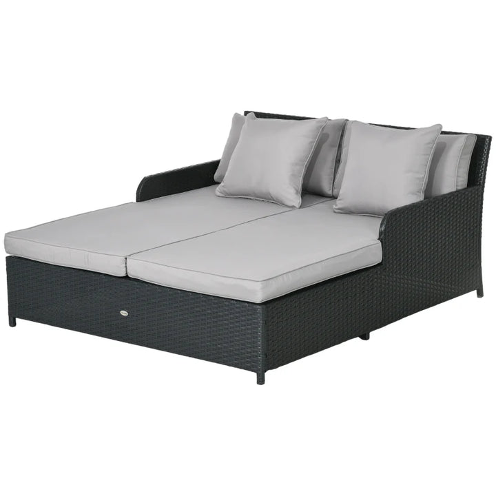 Double Rattan Wicker Sun Lounger Loveseat Chaise Day Bed w Cushions Outdoor Patio - Grey, Black