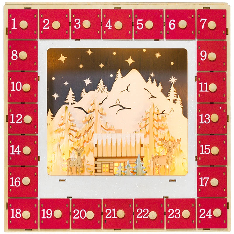 NEW Light-Up Wooden Christmas Advent Countdown Decoration w 24 Drawers, Holiday Xmas Village, Red