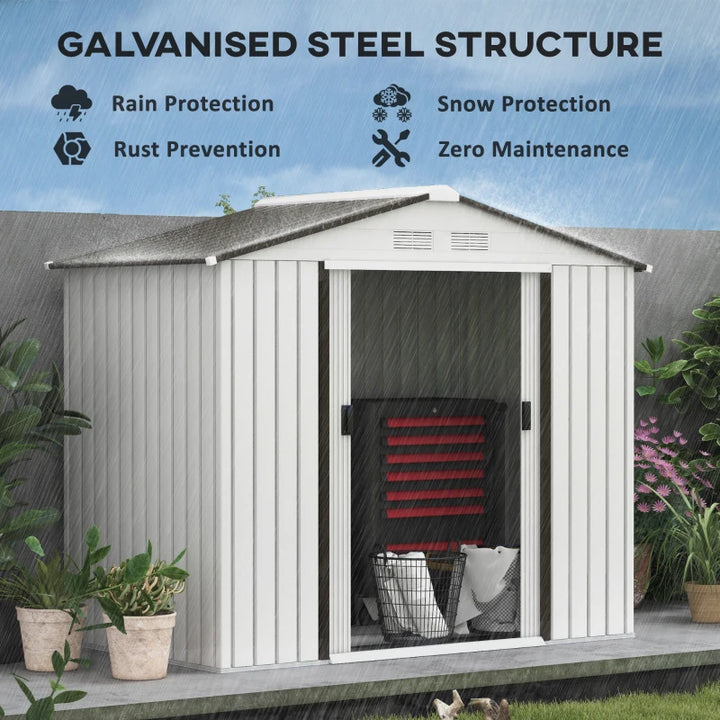 7’ x 4’ x 6’ Outdoor Metal Storage Shed Organizer w Foundation, Garden Backyard, Lt Silver Grey