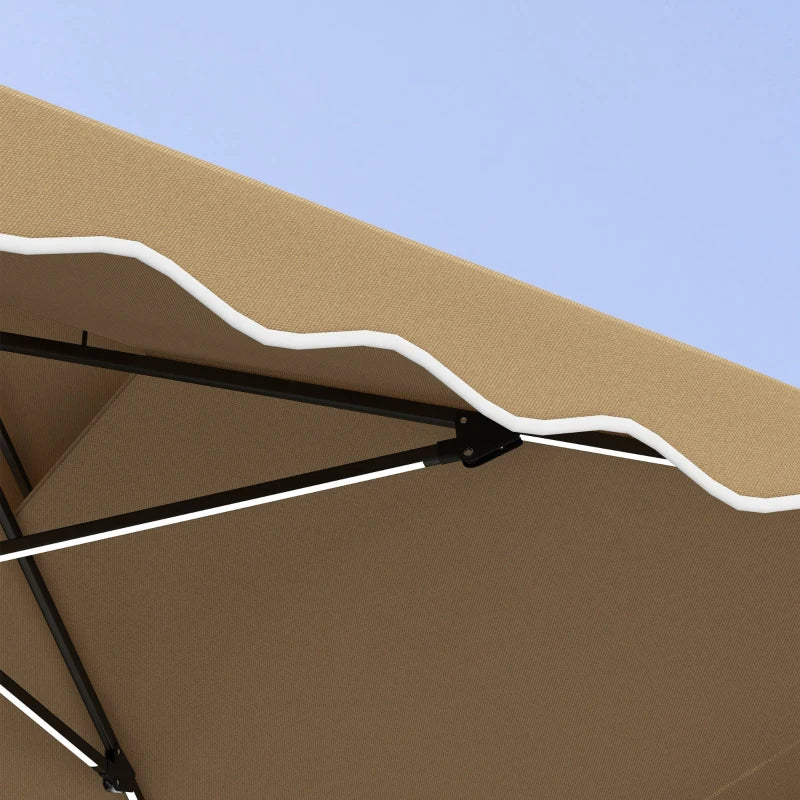 8ft Square Offset LED Umbrella Canopy w Solar Light, Weights, Base, Outdoor Patio, Khaki Brown