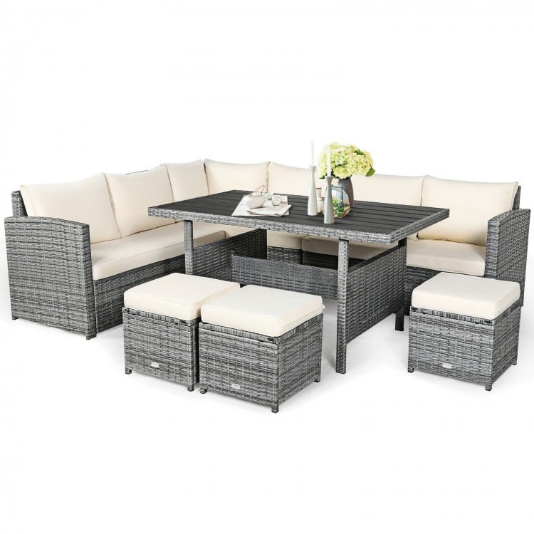 7pc L-Shape Rattan Wicker Dining Set Outdoor Patio Sectional w Table Cushions Ottomans, Off-White