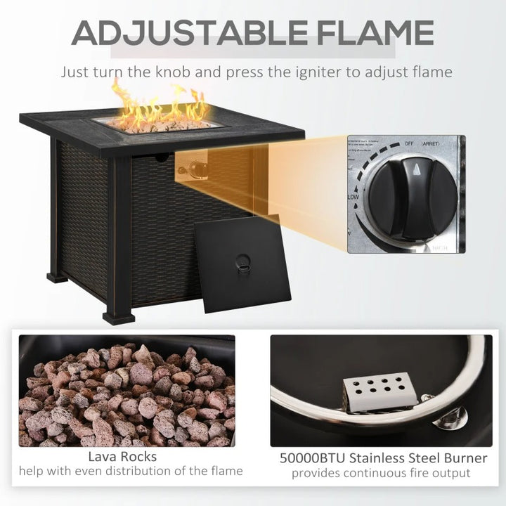 30" Square 50,000 BTU Propane Gas Fire Pit Table Heater w Cover for Outdoor Patio, Black-Brown