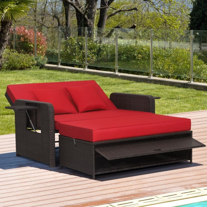 2pc Rattan Wicker Convertible Chaise Sofa Loveseat Daybed Lounger Ottoman w Cushions Outdoor, Red