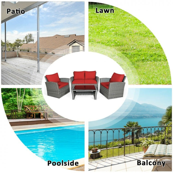 4pc PE Rattan Wicker Furniture Set w Loveseat, Armchairs, Cushions for Outdoor Patio, Grey, Red