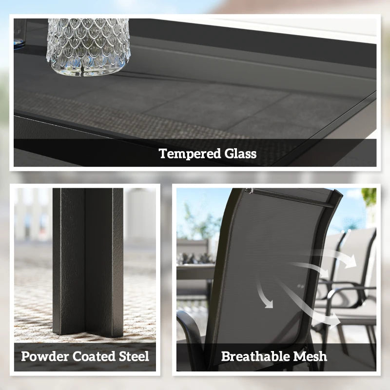 9 Pieces Patio Set With Stackable Chairs and Glass Top - Durable Outdoor Dining Furniture
