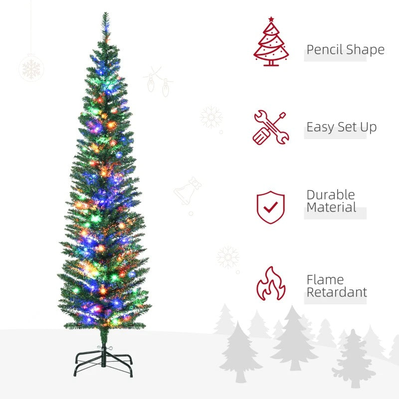 6ft Pre-lit Ultra Slim Pencil Faux Christmas Holiday Tree w 150 Multicolour LED Lights, Green