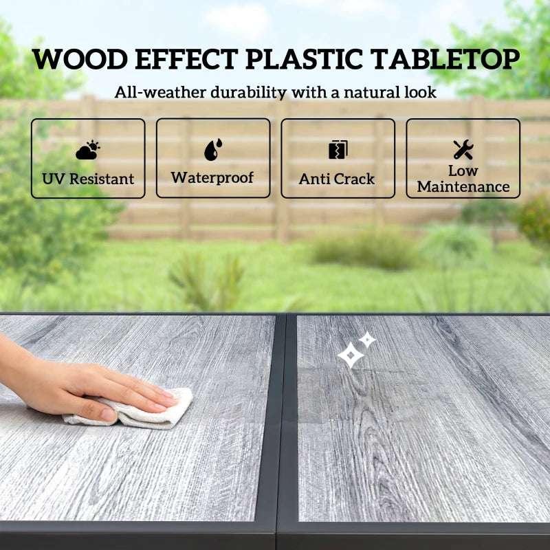 Outdoor Dining Set for 6 with Faux Wood Patio Table and Breathable Mesh Chairs - Durable Weather-Resistant Patio Furniture