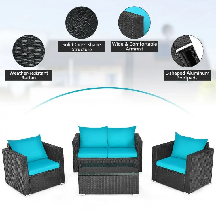 4pc Rattan Wicker Furniture Set w Loveseat Armchairs Cushions Outdoor Patio, Black, Turquoise Blue