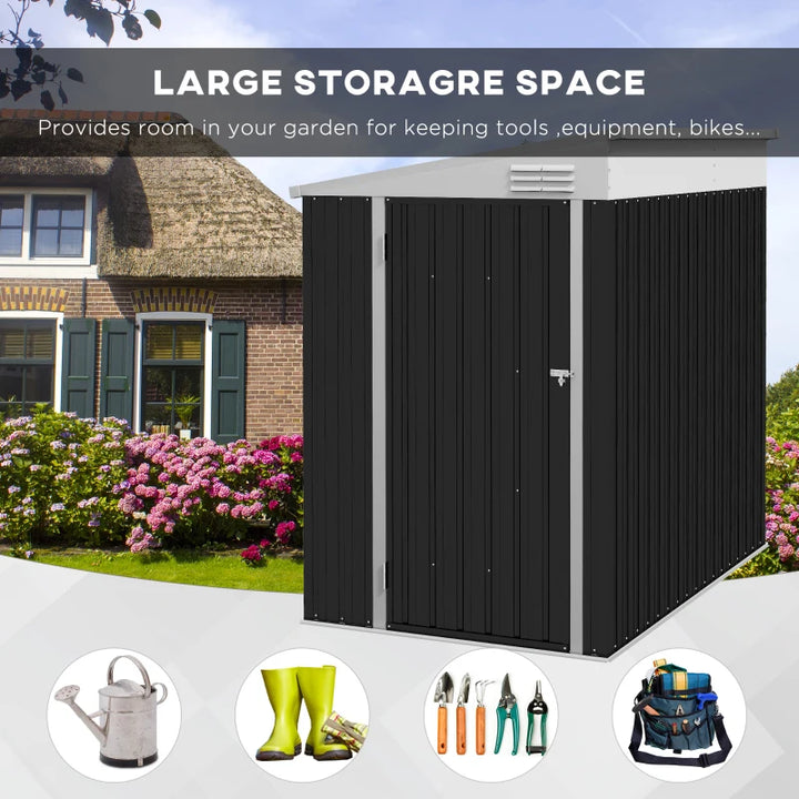 4' x 6' Galvanized Steel Lean-To Storage Tool Shed w Lockable Door, Outdoor Garden, Dark Grey