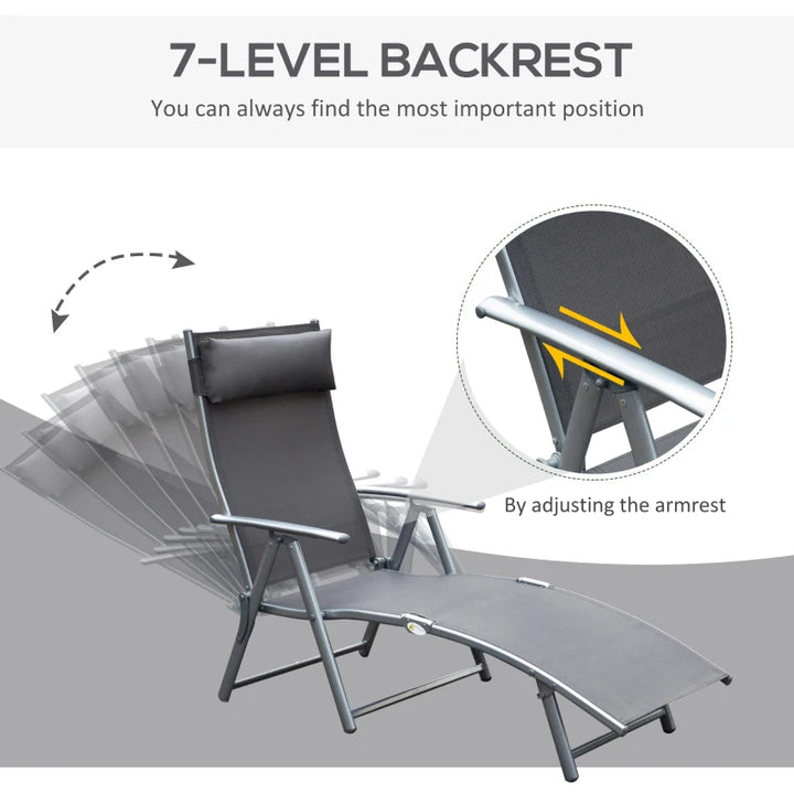 Folding Deck / Patio Sun Lounger w/ Neck Pillow - Grey