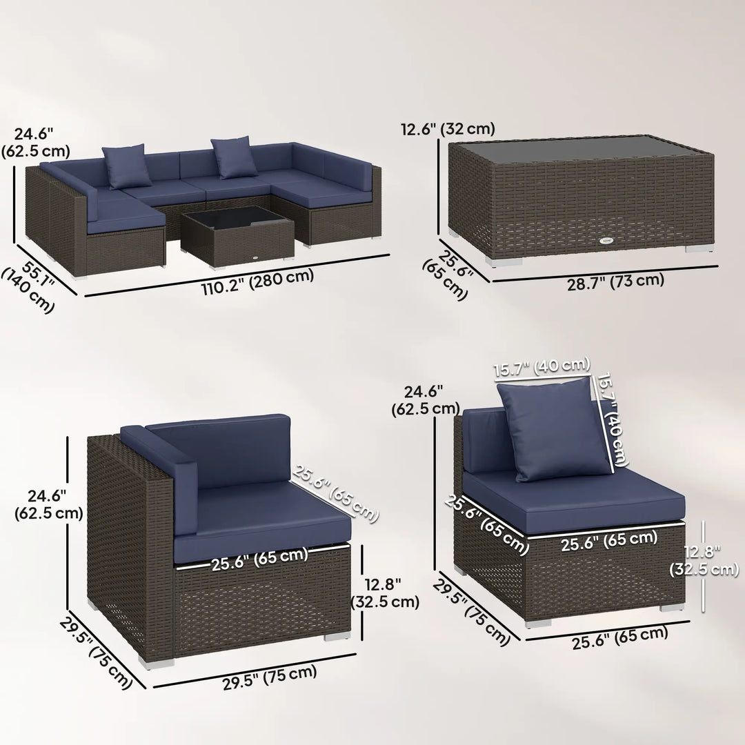 7pc PE Rattan Wicker Sectional Conversation Furniture Set w/ Cushions Outdoor Patio - Dark Navy Blue