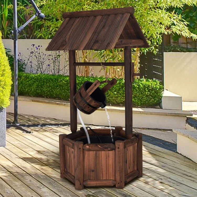 4 ft Rustic Wishing Well Fountain w Electric Pump for Outdoor Garden Yard Decor - Stained Wood