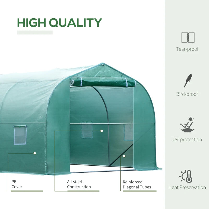 26’ x 10’ x 7’ Large Walk-In Dome Tunnel Garden Greenhouse w Door Windows, Galv Steel, Green