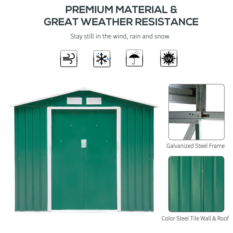 7’ x 4’ x 6’ Outdoor Metal Storage Shed Organizer w Foundation for Patio Backyard - Green