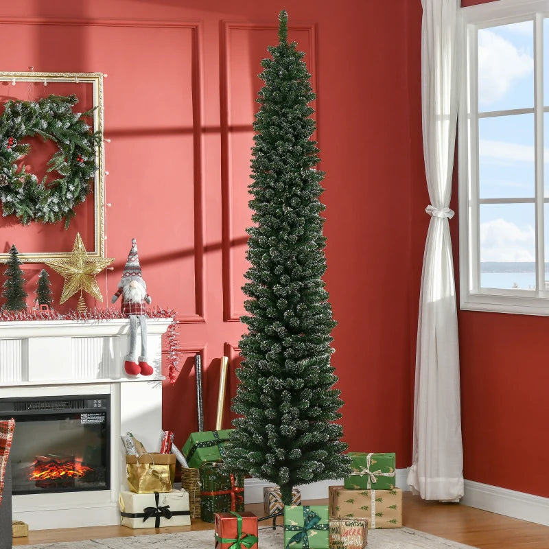 NEW 7.5ft 692-Tip Ultra Slim Pencil Artificial Christmas Holiday Fake Xmas Tree, Green w Snowy Tips