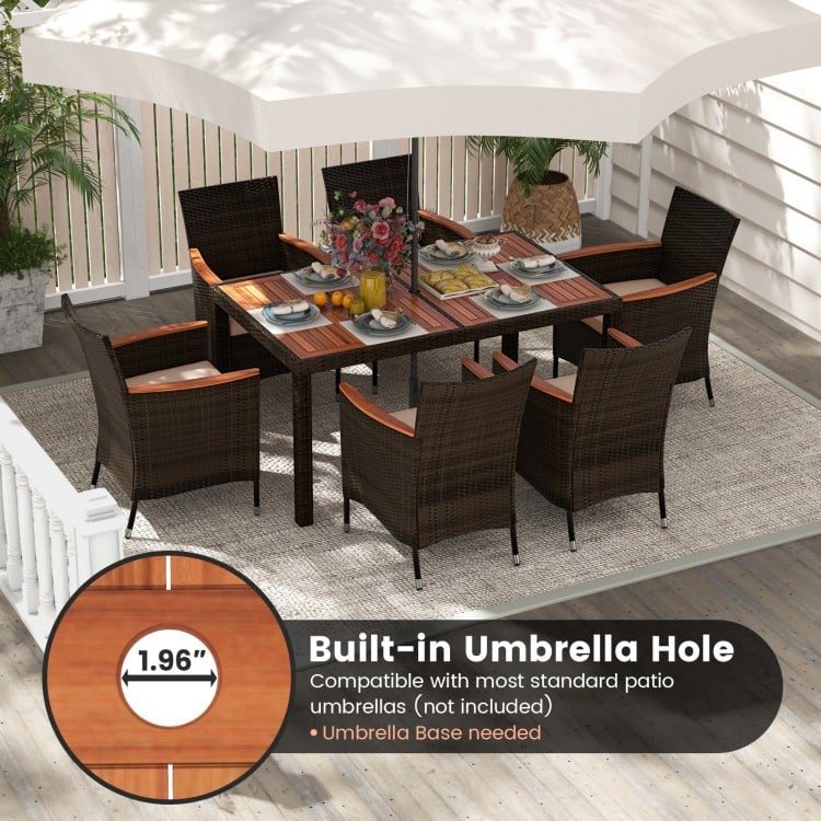 7pc PE Rattan Wicker Dining Set w 6 Armchairs, Acacia Wood Top, Umbrella Hole, Outdoor Patio, Brown