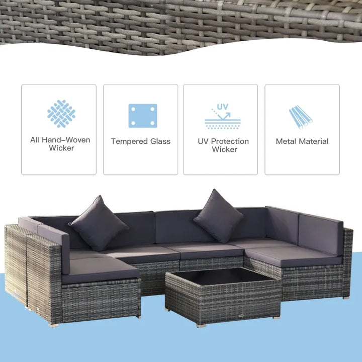 7pc PE Rattan Wicker Sectional Conversation Furniture Set w/ Cushions for Outdoor Patio - Grey