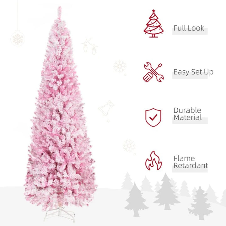 7.5ft 800-Tip Snow Flocked Unlit Artificial Pencil Christmas Holiday Tree, Xmas Decor, Pink