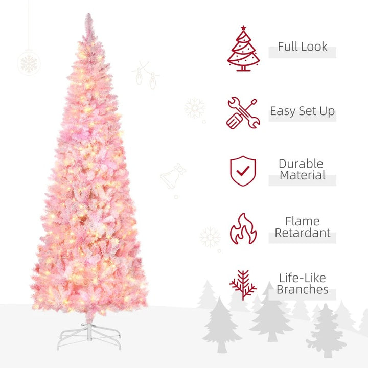 7.5ft 700-Tip Pre-lit Lush Slim Artificial Pencil Christmas Holiday Tree w 350 LED Lights, Pink