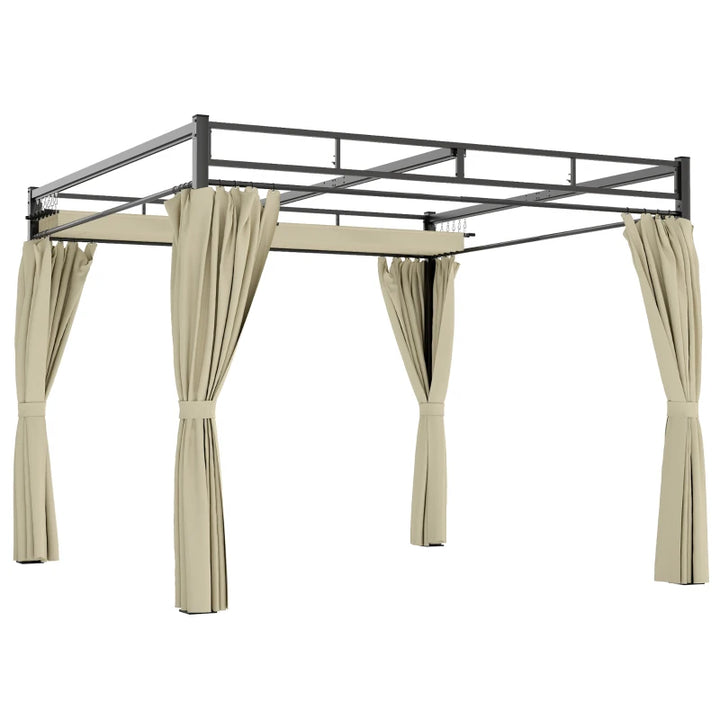 10' x 10' Outdoor Gazebo Retractable Pergola Canopy with Curtains - Durable UPF30+ Metal Pergola Kit