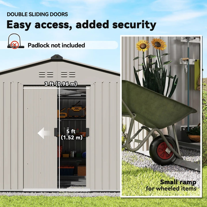 9.1' x 6.4' Metal Garden Storage Shed with Double Sliding Doors - Durable Outdoor Tool Storage