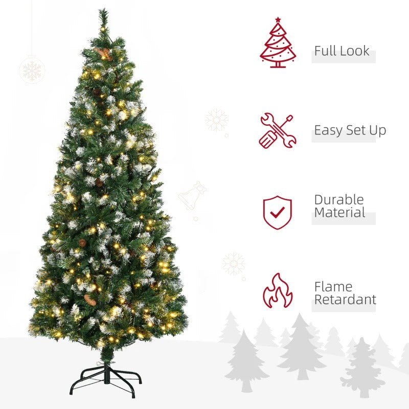 6ft 703-Tip Pre-lit Realistic Artificial Christmas Holiday Tree, Pine Cones 250 LEDs Snow Green