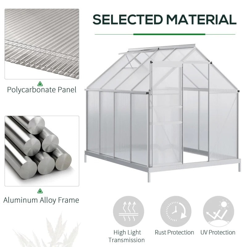 8' x 6’ x 6.5' Walk-In Hard-Sided PC Aluminum Garden Greenhouse w Vent Foundation Outdoor Plant