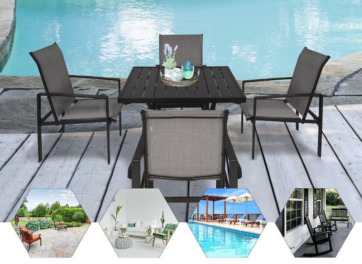 5pc Steel Square Dining Table Outdoor Patio Set w 4 Armchairs, Umbrella Hole - Black, Grey