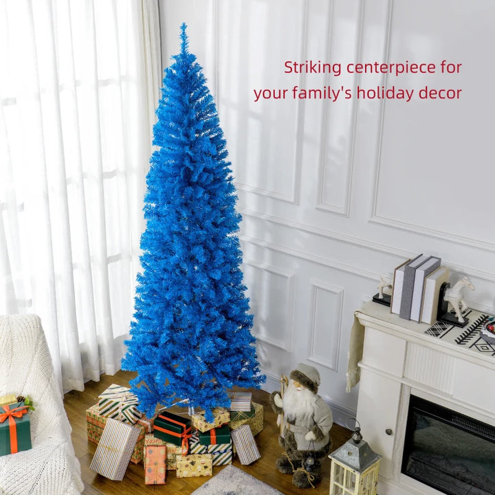 NEW 7ft 818-Tip Unlit Slim Artificial Christmas Holiday Tree w/ Metal Base, Xmas Decor – Bright Blue