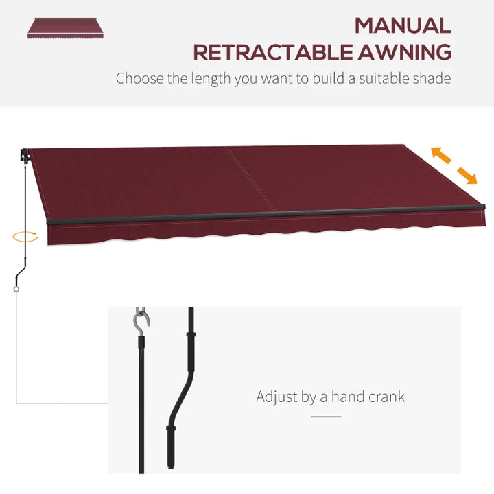 15' x 10' Large Manual Retractable Awning UV Resistant Sun Shade Canopy Outdoor Patio, Wine Red