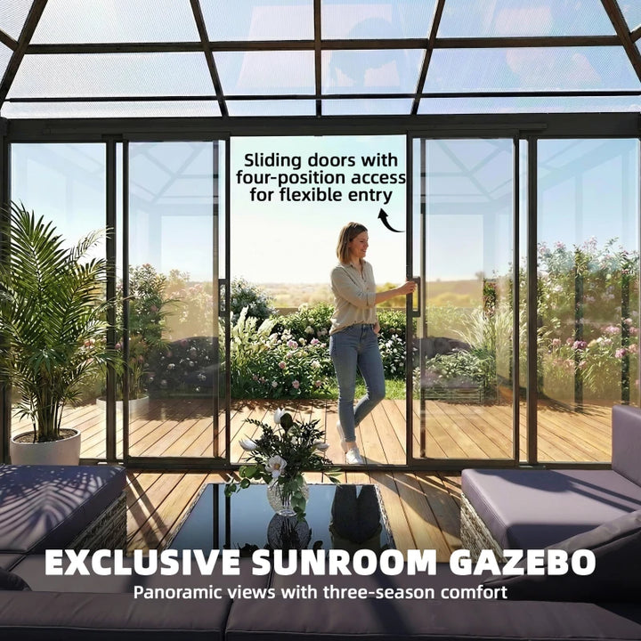 Hardtop Gazebo 10' x 14' Sun Room With Double Sliding Doors - Weatherproof Outdoor Patio Shelter