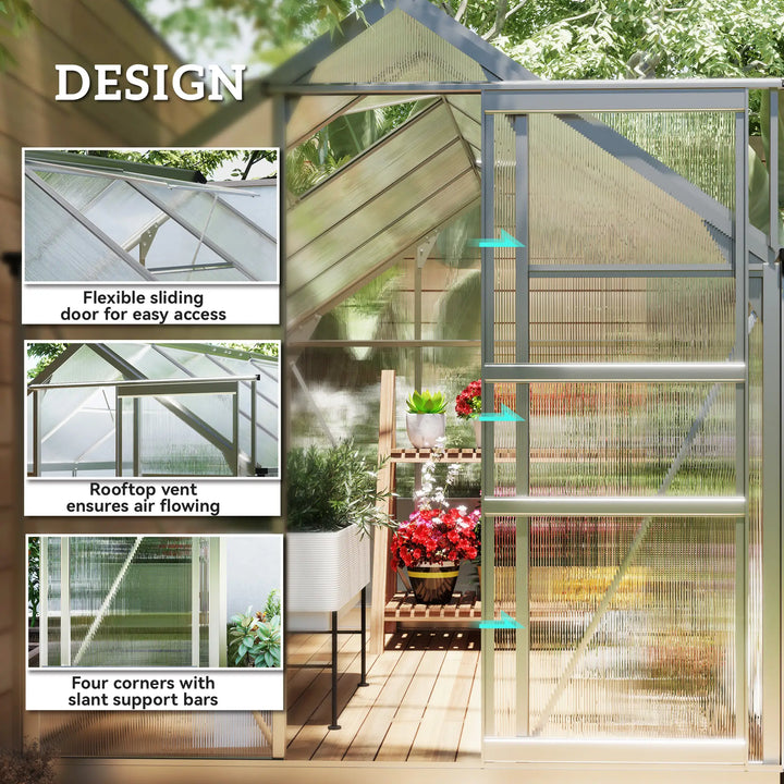 10' x 6' x 6.6' Walk-in Aluminum PC Hard Sided Greenhouse w Foundation for Outdoor Plants Gardening