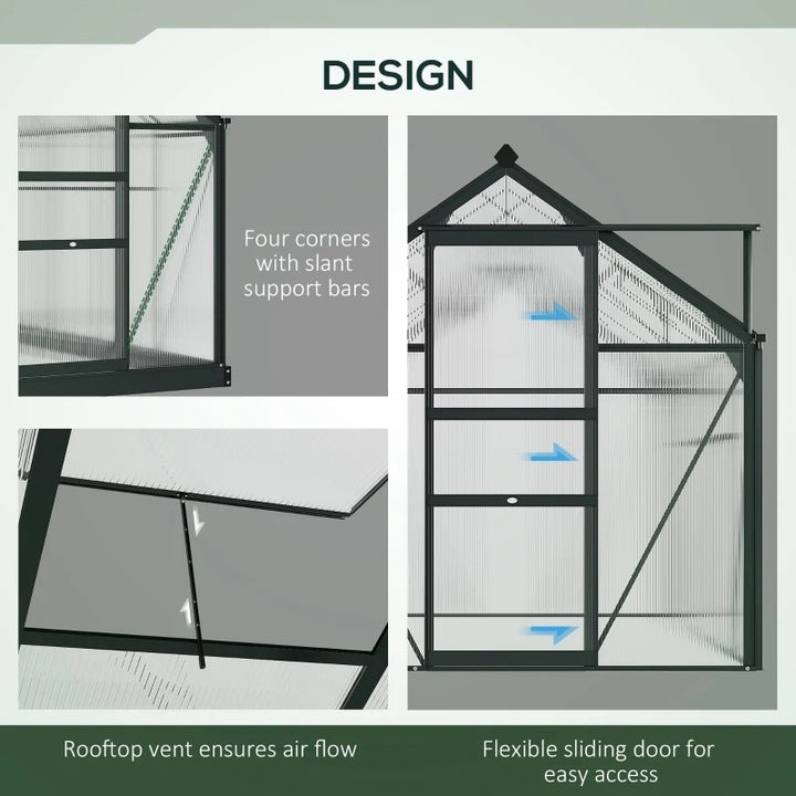 8' x 6' x 6' Walk-in Aluminum PC Hard Sided Outdoor Plants Garden Greenhouse w Door, Foundation