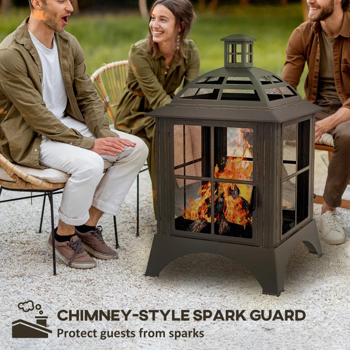 28” Square Wood Burning Fire Pit w/ Chimney Spark Guard, Cover, Ash Tray, Poker - Black