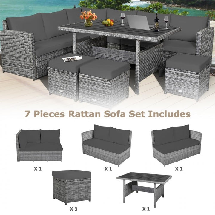 7pc L-Shape Rattan Wicker Dining Set Outdoor Patio Sectional w Table Cushions Ottomans, Mixed Grey