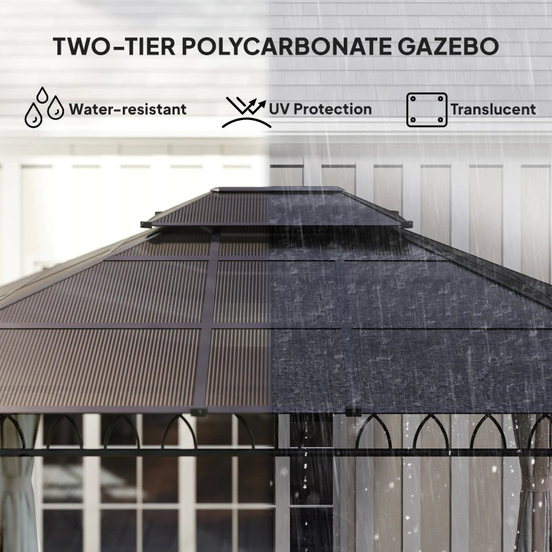 10'x12' Outdoor Gazebo Canopy Double Roof Hardtop with Polycarbonate Roof and Curtains - Durable Patio and Garden Shelter