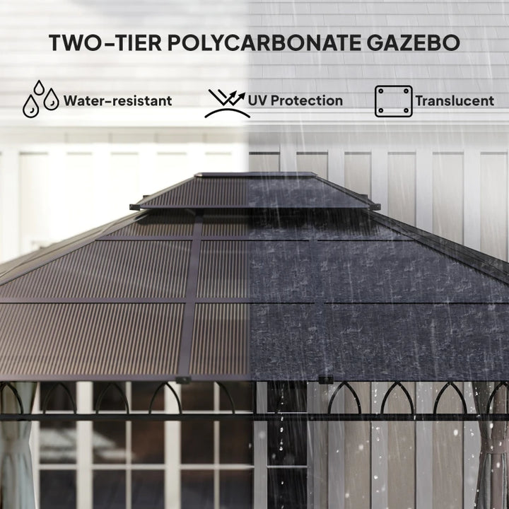 10'x12' Outdoor Gazebo Canopy Double Roof Hardtop with Polycarbonate Roof and Curtains - Durable Patio and Garden Shelter