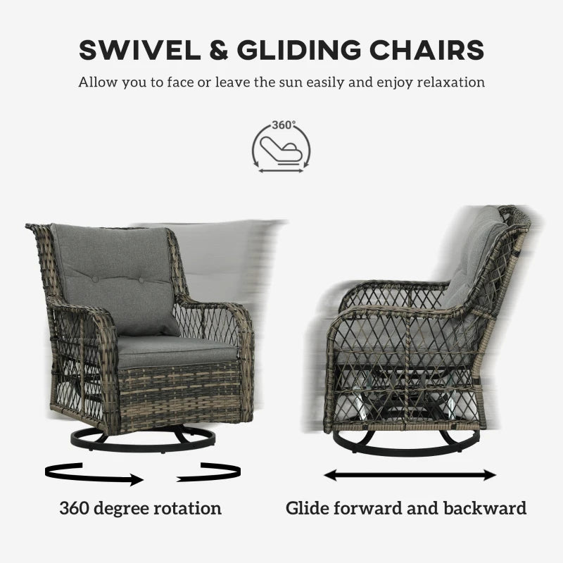 3-Piece Outdoor Bistro Set Wicker Patio Furniture with Swivel Glider Chairs - Cozy Small Space Seating