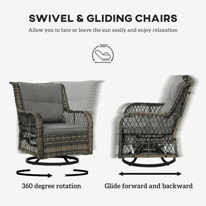 3-Piece Outdoor Bistro Set Wicker Patio Furniture with Swivel Glider Chairs - Cozy Small Space Seating