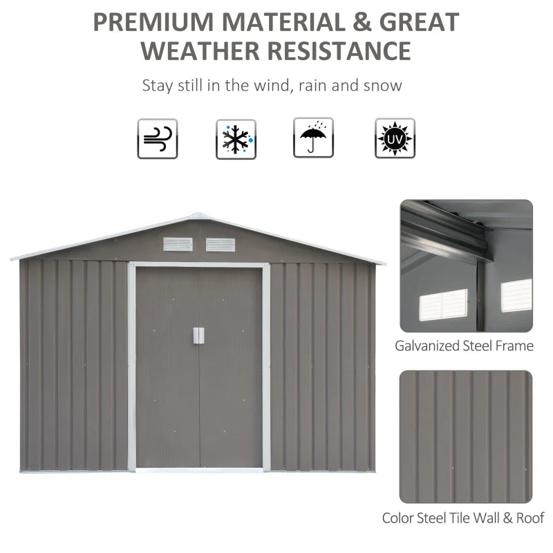 9’ x 6’ x 6’ Arrow Outdoor Metal Storage Shed Organizer w/ Foundation for Patio Backyard - Grey